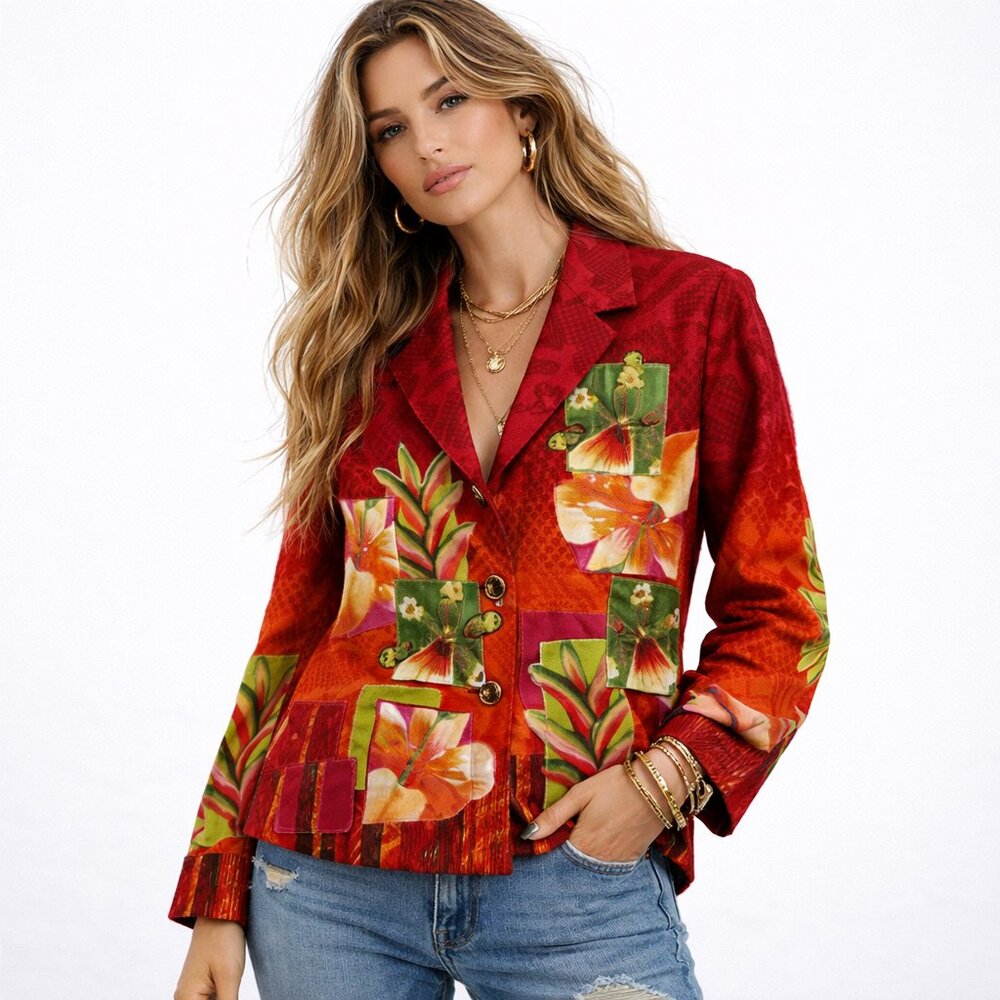 Vintage Nancy Bolen Jacket L 80s Floral‎ Applique Art Wear Statement Boho